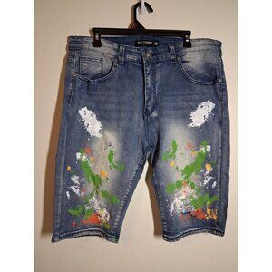 Road Narrows Denim Blue Jean Shorts Skater Streetwear Y2K Paint Splatter Size 40